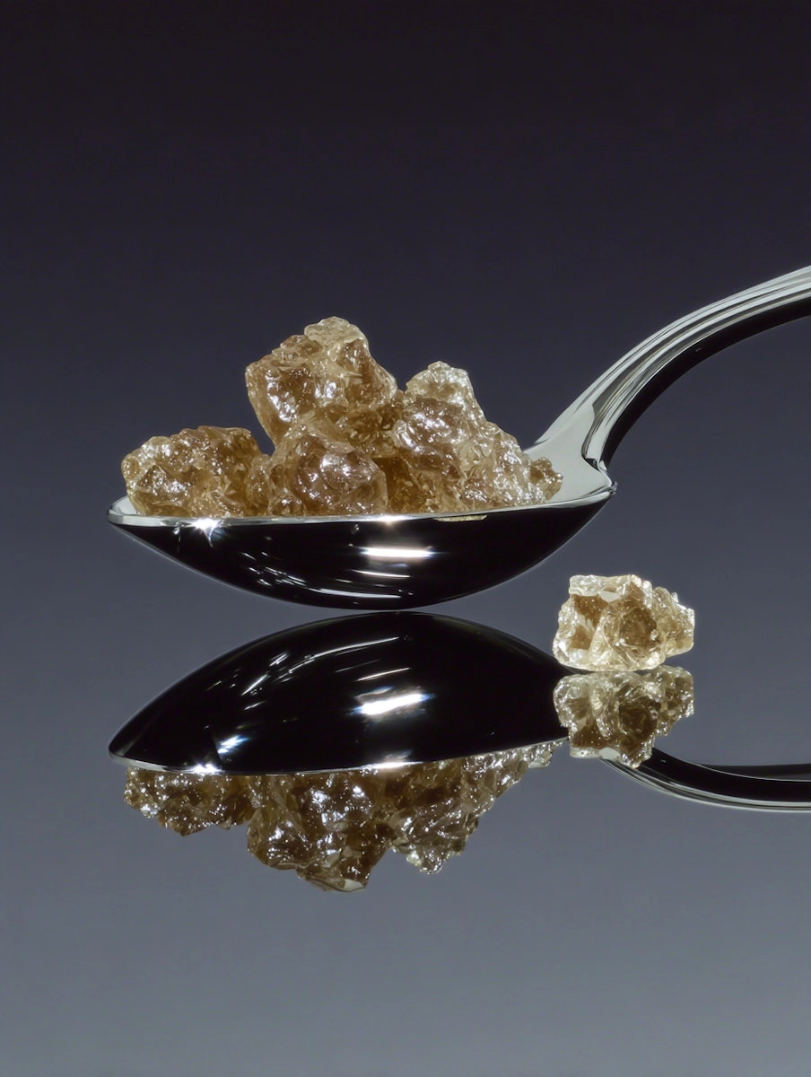 Raw sugar crystals balanced on a reflective metal spoon