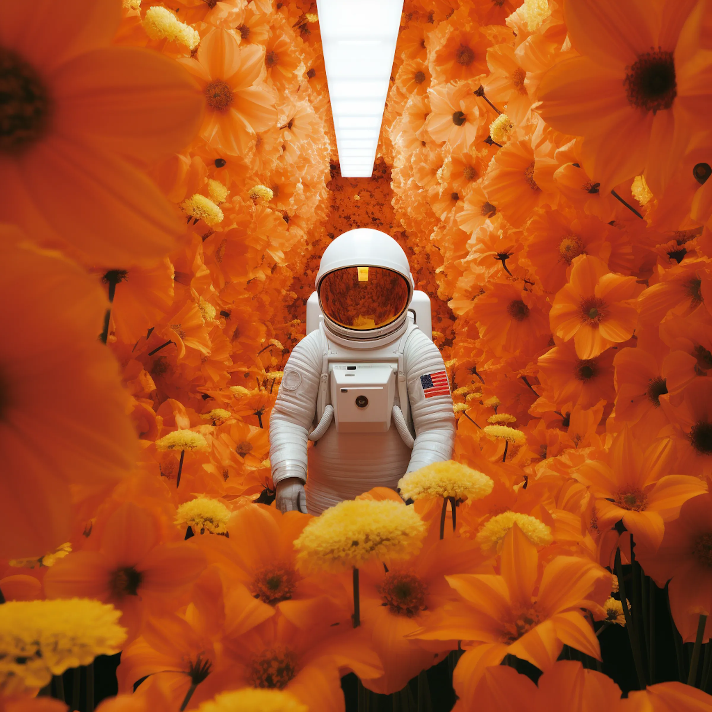 Astronaut standing in a corridor filled with orange flowers