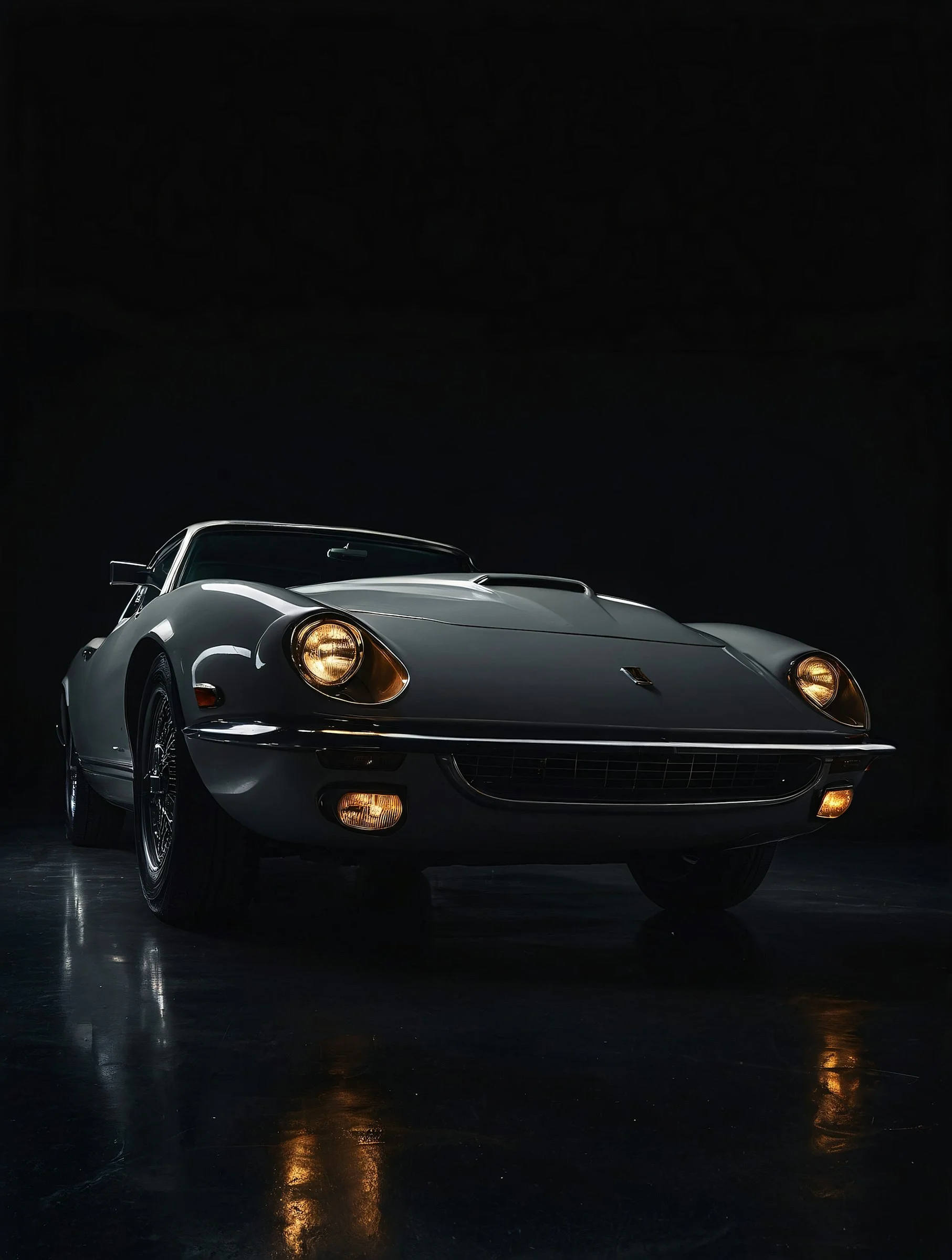 Classic silver sports car photographed in a dark studio