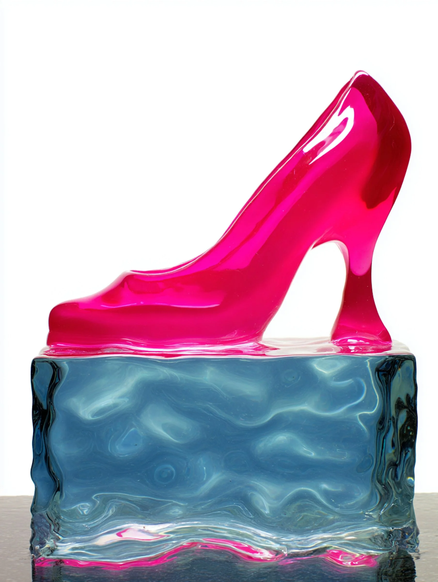 Sculptural translucent pink high heel on a blue pedestal