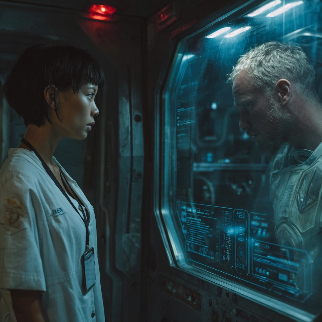 Scientist facing an astronaut through a glass isolation chamber